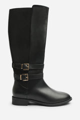 Elaris Double Buckle Detail Stretch Elastic Knee High Riding Boots