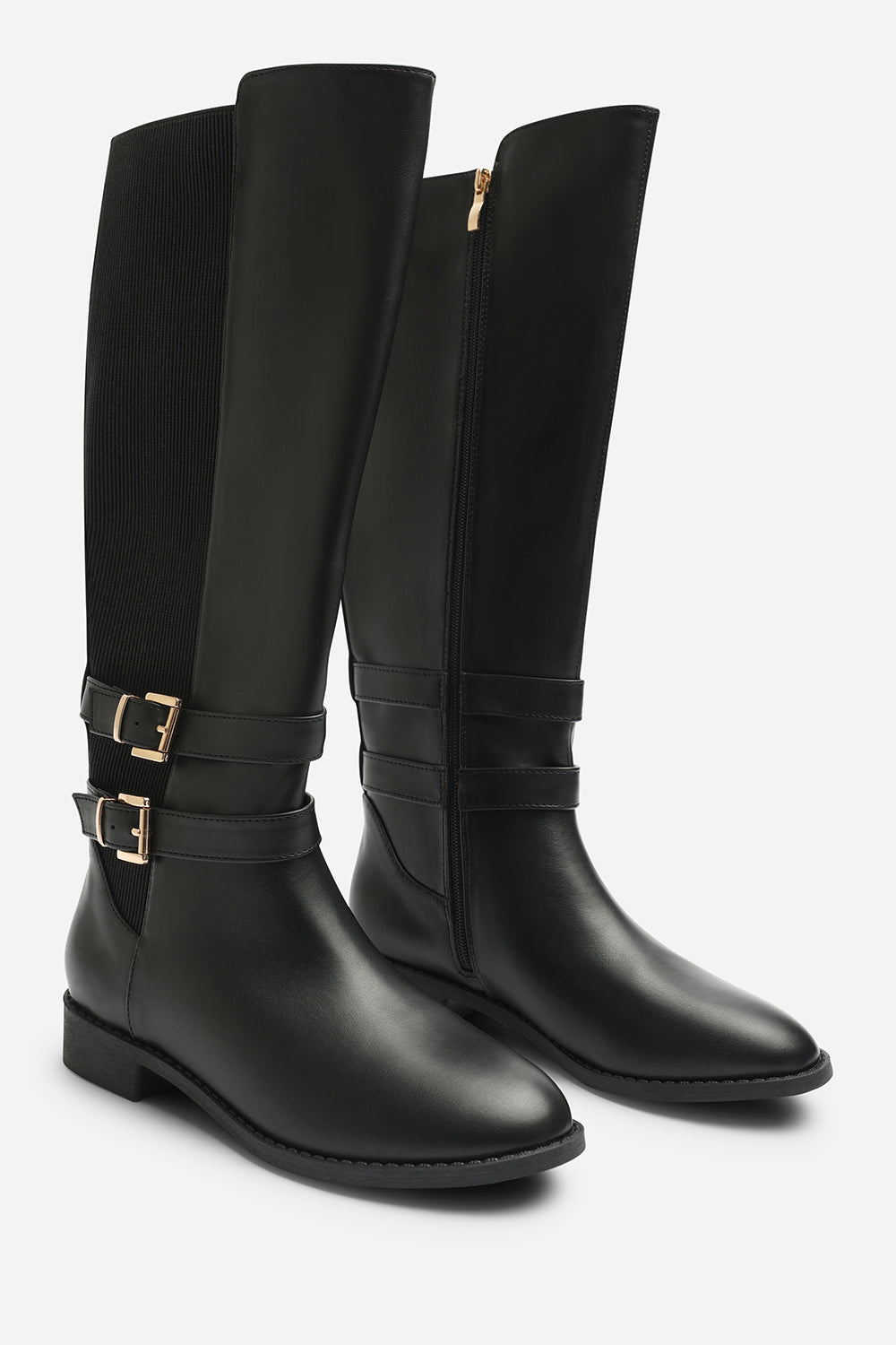 Elaris Wide Fit Double Buckle Detail Stretch Elastic Knee High Riding Boots
