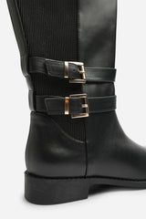 Elaris Double Buckle Detail Stretch Elastic Knee High Riding Boots