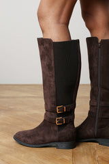 Elaris Wide Fit Double Buckle Detail Stretch Elastic Knee High Riding Boots