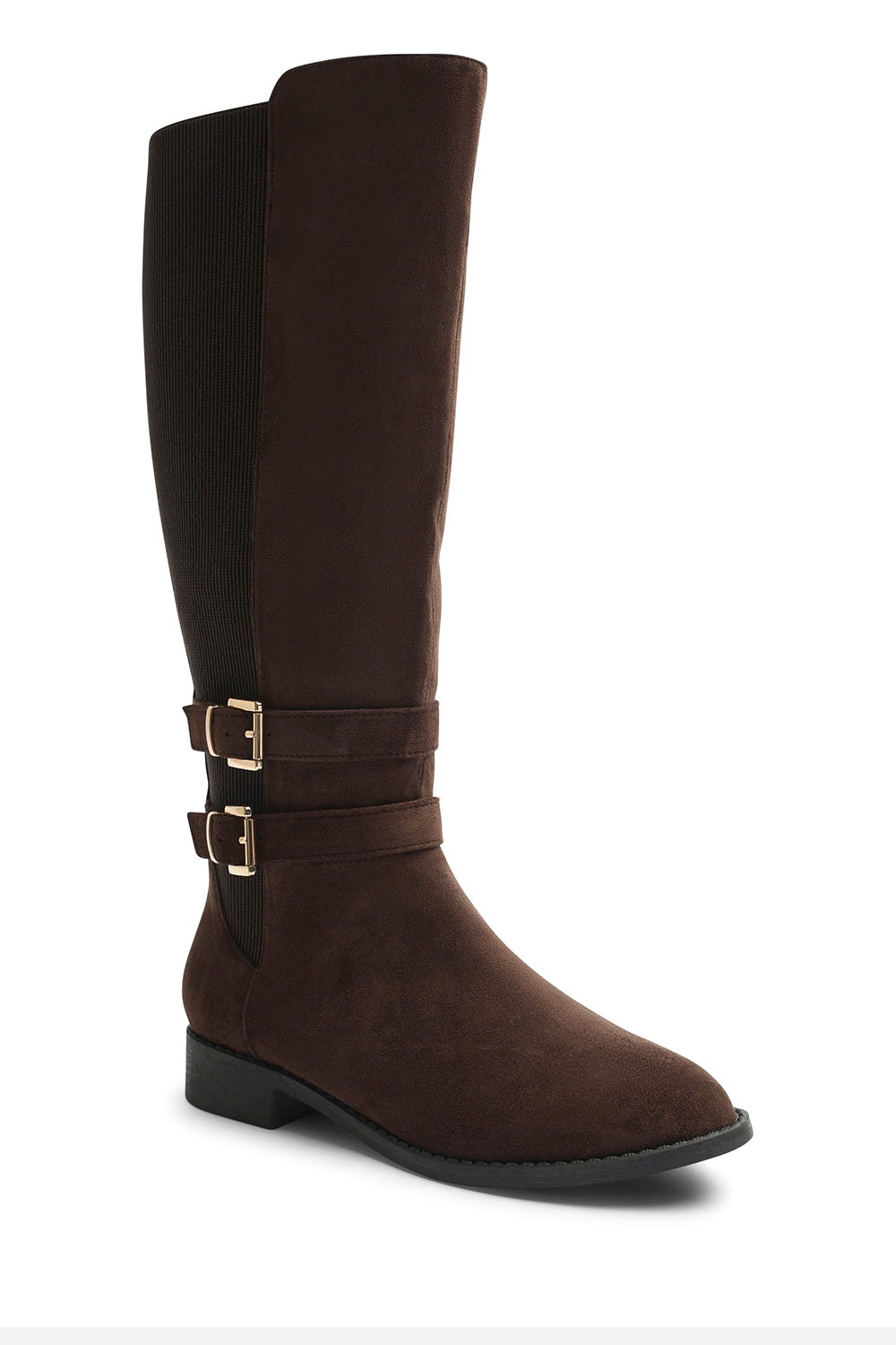 Elaris Wide Fit Double Buckle Detail Stretch Elastic Knee High Riding Boots