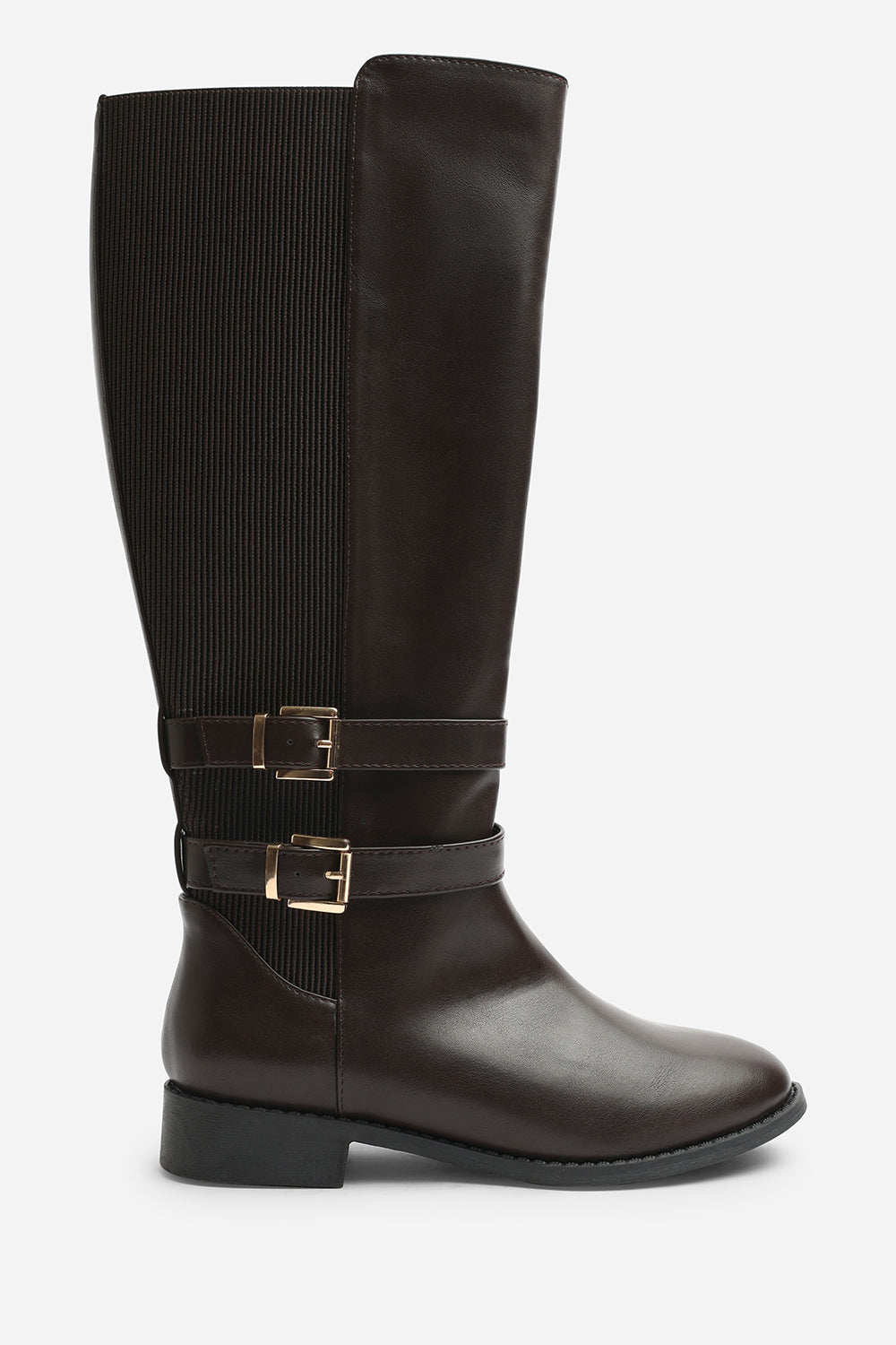 Elaris Wide Fit Double Buckle Detail Stretch Elastic Knee High Riding Boots