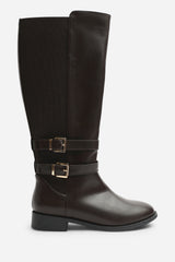 Elaris Wide Fit Double Buckle Detail Stretch Elastic Knee High Riding Boots