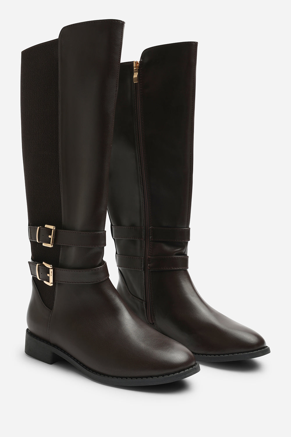 Elaris Wide Fit Double Buckle Detail Stretch Elastic Knee High Riding Boots