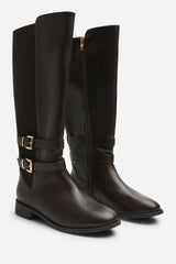 Elaris Wide Fit Double Buckle Detail Stretch Elastic Knee High Riding Boots
