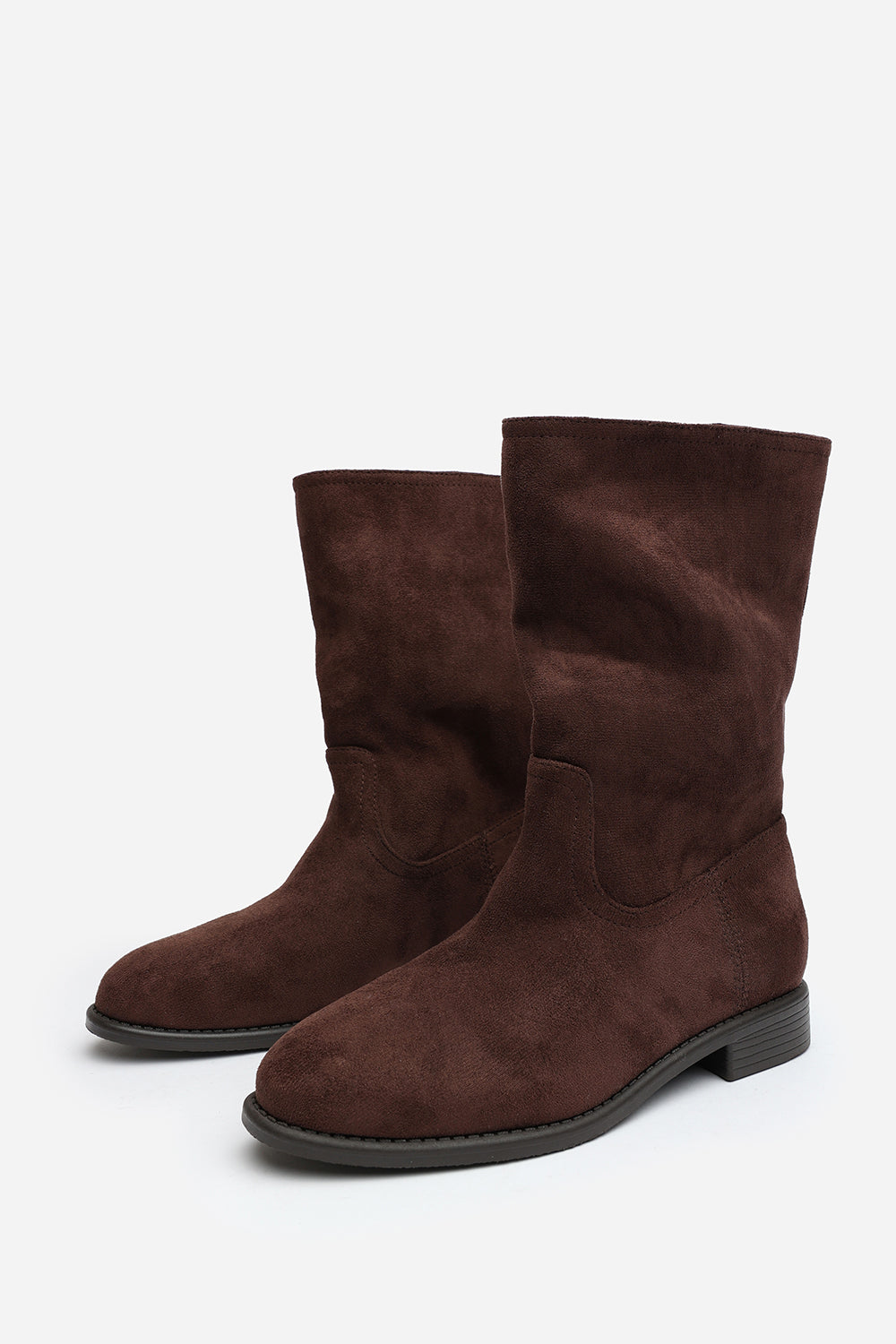 Ilyra Dark Brown Round Toe Mid Calf Flat Sole Boots