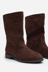 Ilyra Dark Brown Round Toe Mid Calf Flat Sole Boots