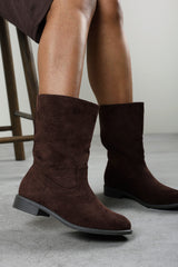Ilyra Dark Brown Round Toe Mid Calf Flat Sole Boots
