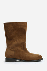 Colette Mid Calf Boots with Flat Sole in Khaki Suede