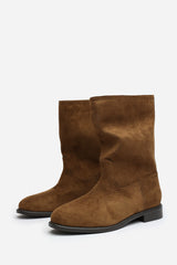 Colette Mid Calf Boots with Flat Sole in Khaki Suede