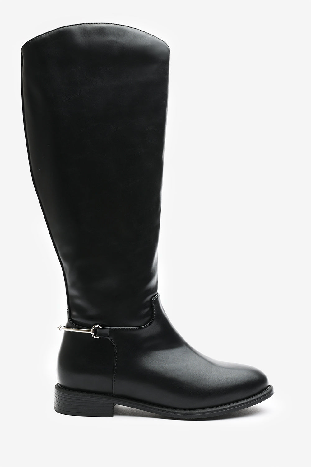 Monroe Black Knee High Boots with Low Flat Heel and Back Buckle Detail