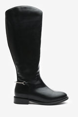 Monroe Black Knee High Boots with Low Flat Heel and Back Buckle Detail