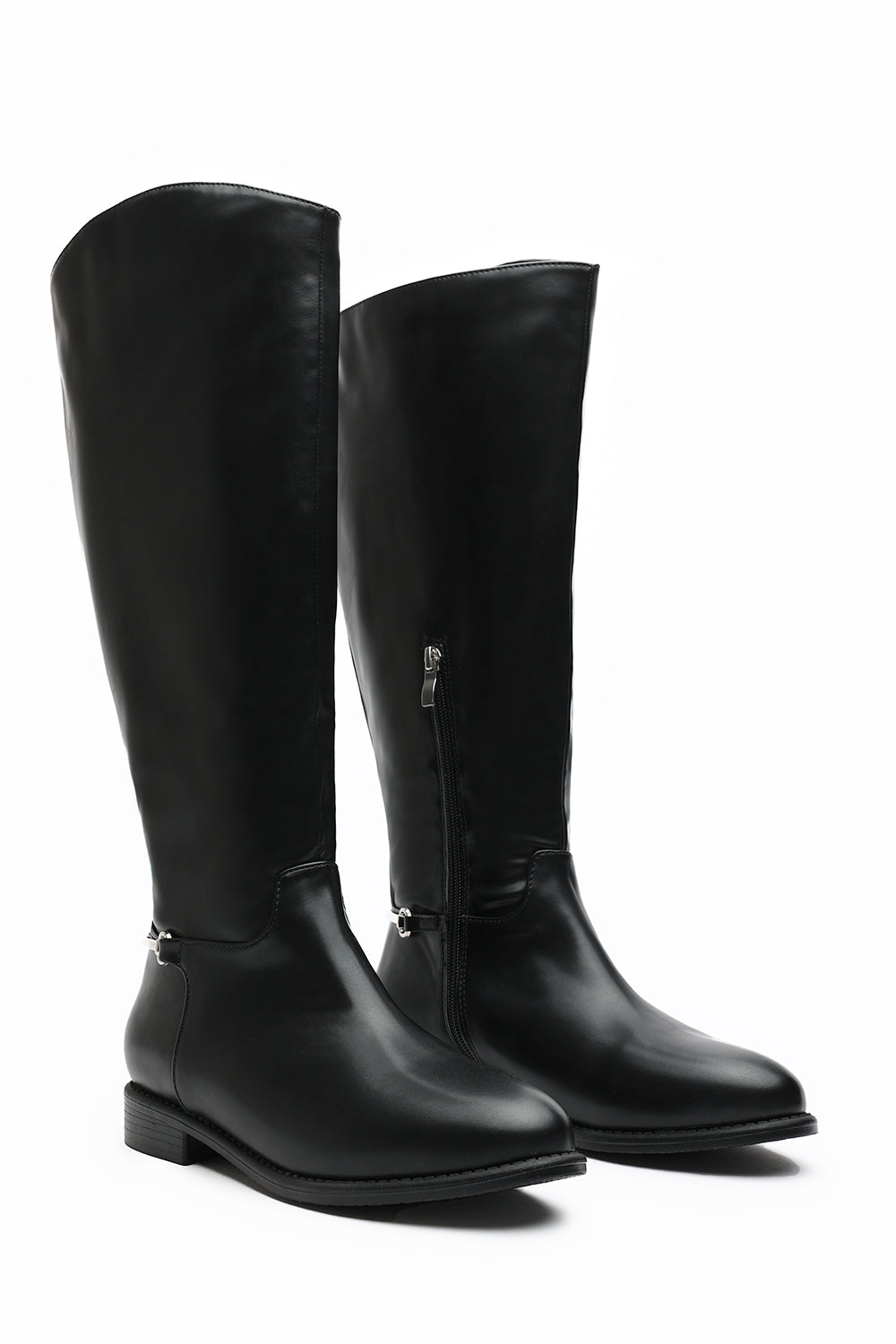 Monroe Black Knee High Boots with Low Flat Heel and Back Buckle Detail