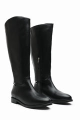 Monroe Black Knee High Boots with Low Flat Heel and Back Buckle Detail