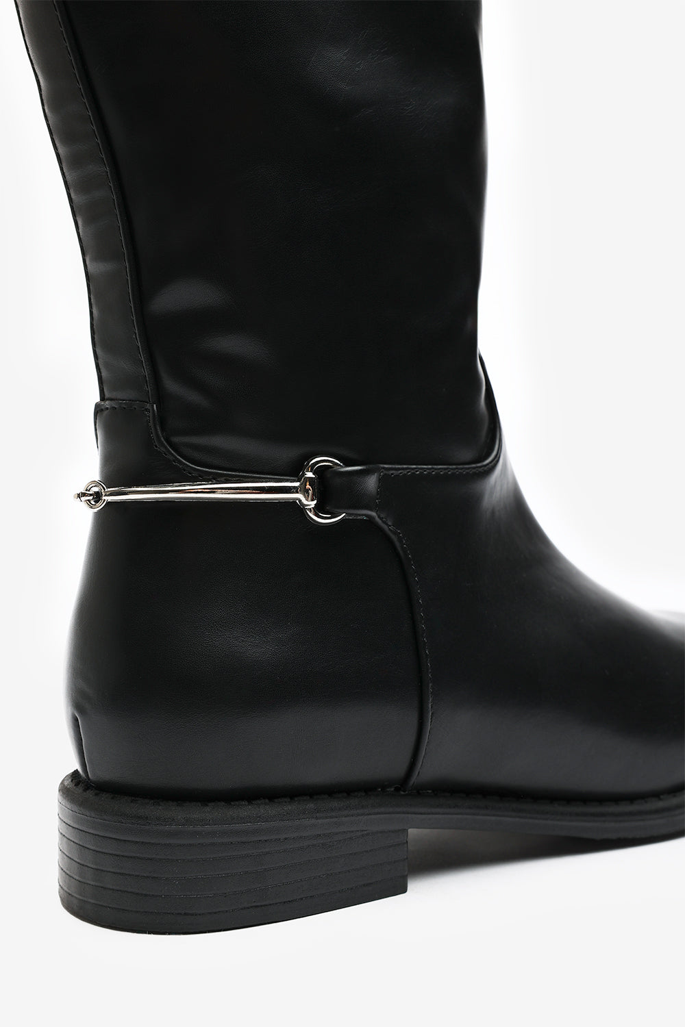 Monroe Black Knee High Boots with Low Flat Heel and Back Buckle Detail