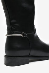 Monroe Black Knee High Boots with Low Flat Heel and Back Buckle Detail