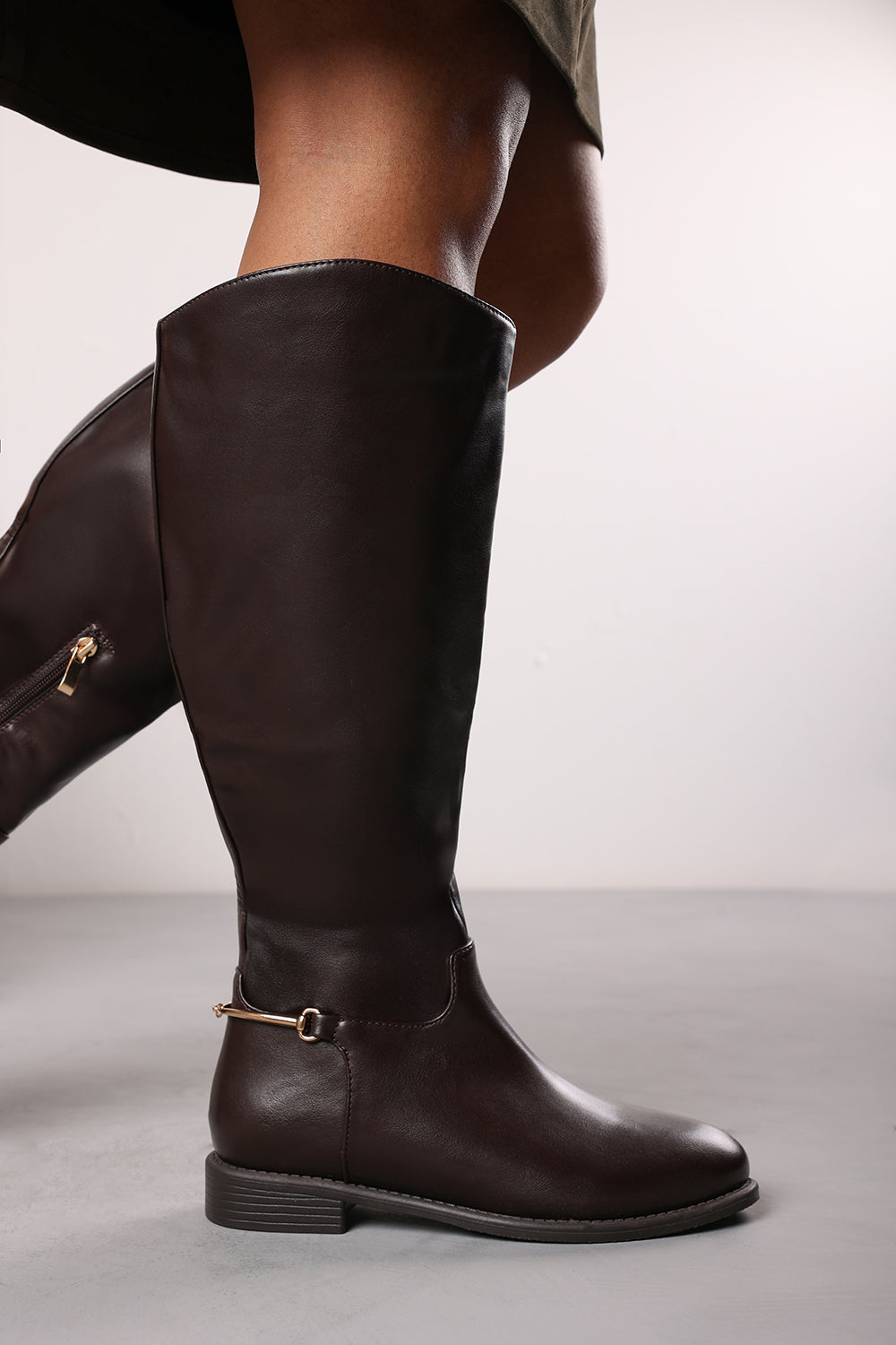 Monroe Brown Knee High Boots with Low Flat Heel and Back Buckle Detail