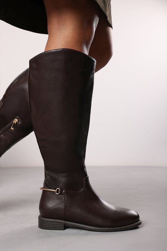 Monroe Brown Knee High Boots with Low Flat Heel and Back Buckle Detail