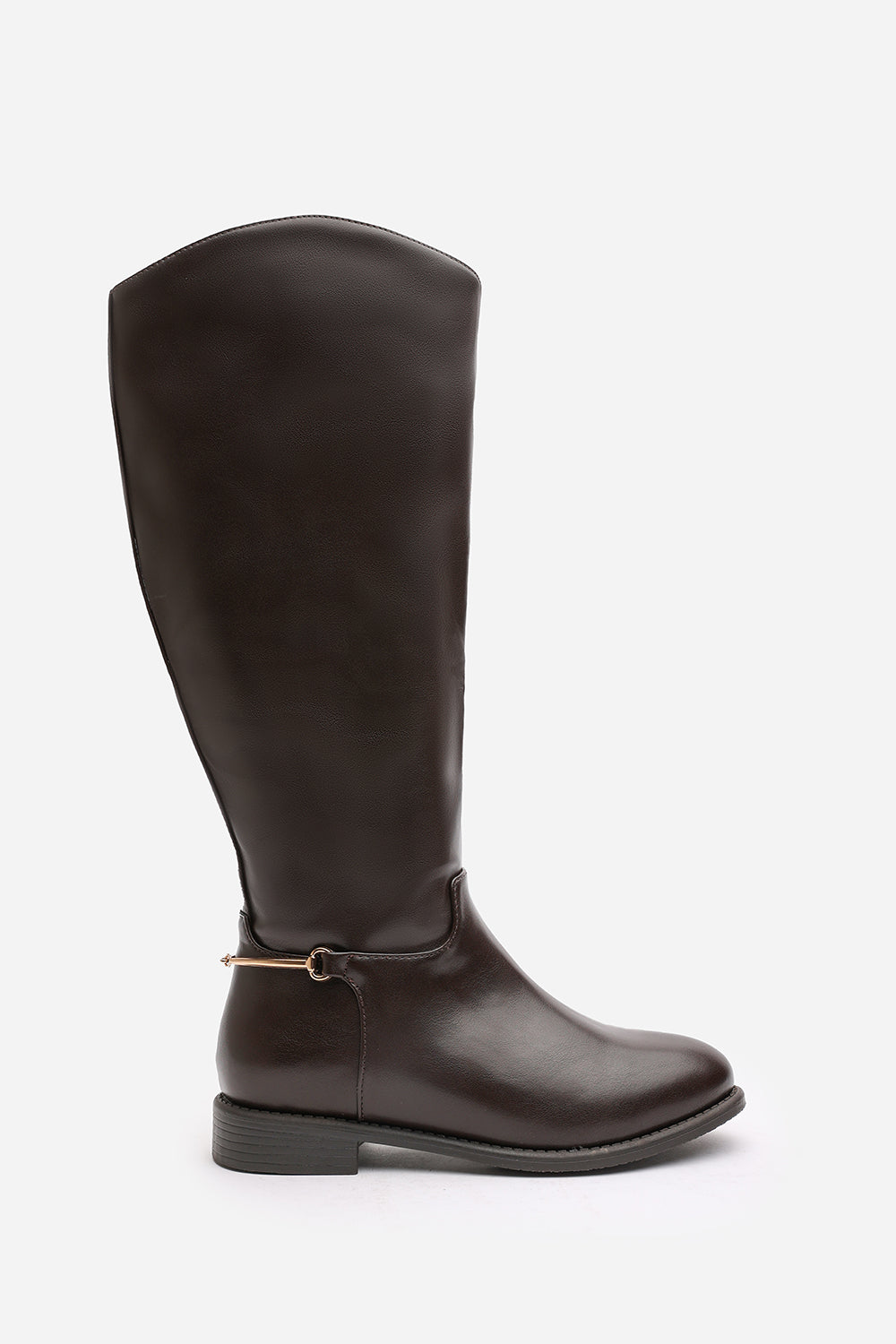 Monroe Brown Knee High Boots with Low Flat Heel and Back Buckle Detail
