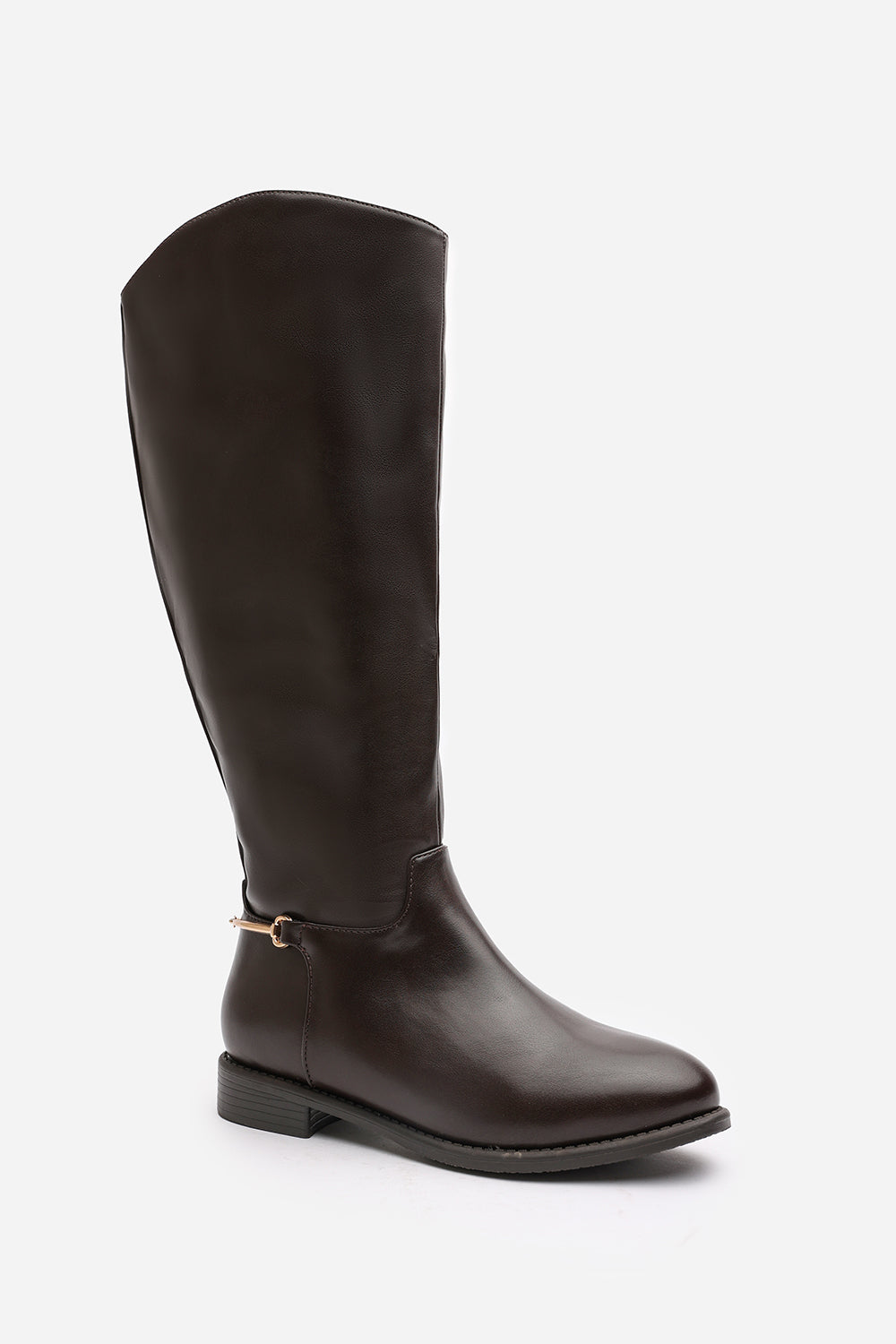 Monroe Brown Knee High Boots with Low Flat Heel and Back Buckle Detail