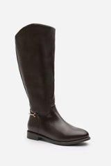 Monroe Brown Knee High Boots with Low Flat Heel and Back Buckle Detail