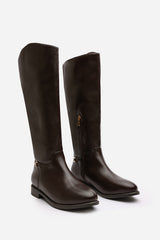 Monroe Brown Knee High Boots with Low Flat Heel and Back Buckle Detail