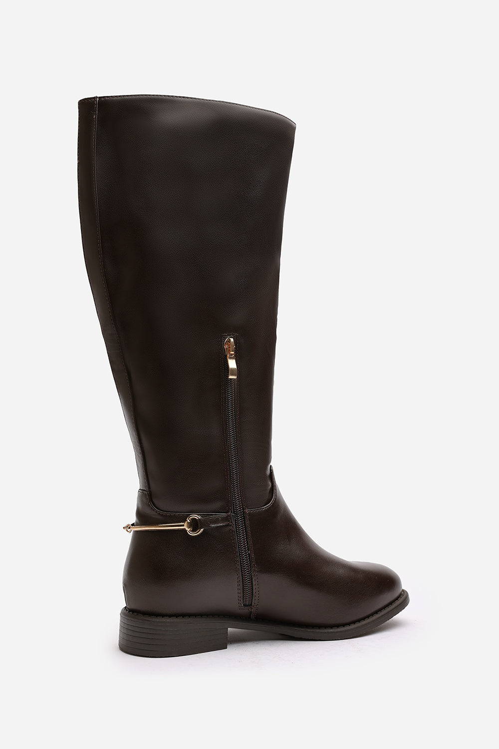 Monroe Brown Knee High Boots with Low Flat Heel and Back Buckle Detail