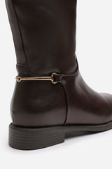 Monroe Brown Knee High Boots with Low Flat Heel and Back Buckle Detail