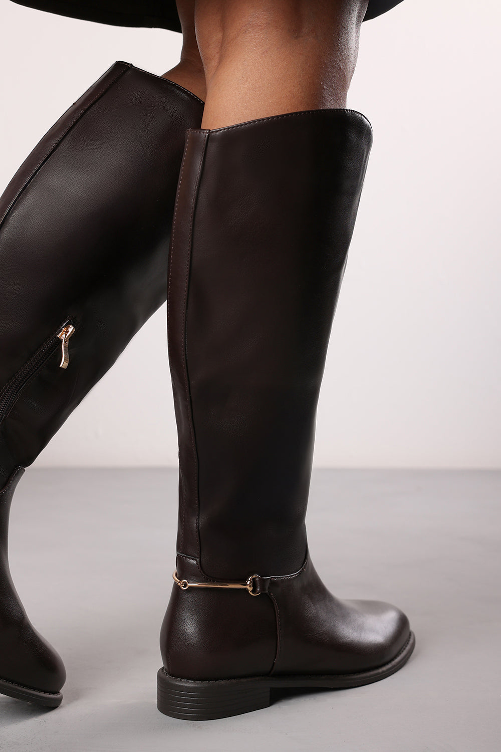 Monroe Brown Knee High Boots with Low Flat Heel and Back Buckle Detail