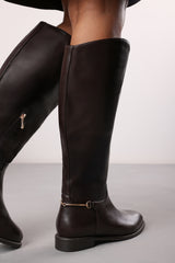 Monroe Brown Knee High Boots with Low Flat Heel and Back Buckle Detail