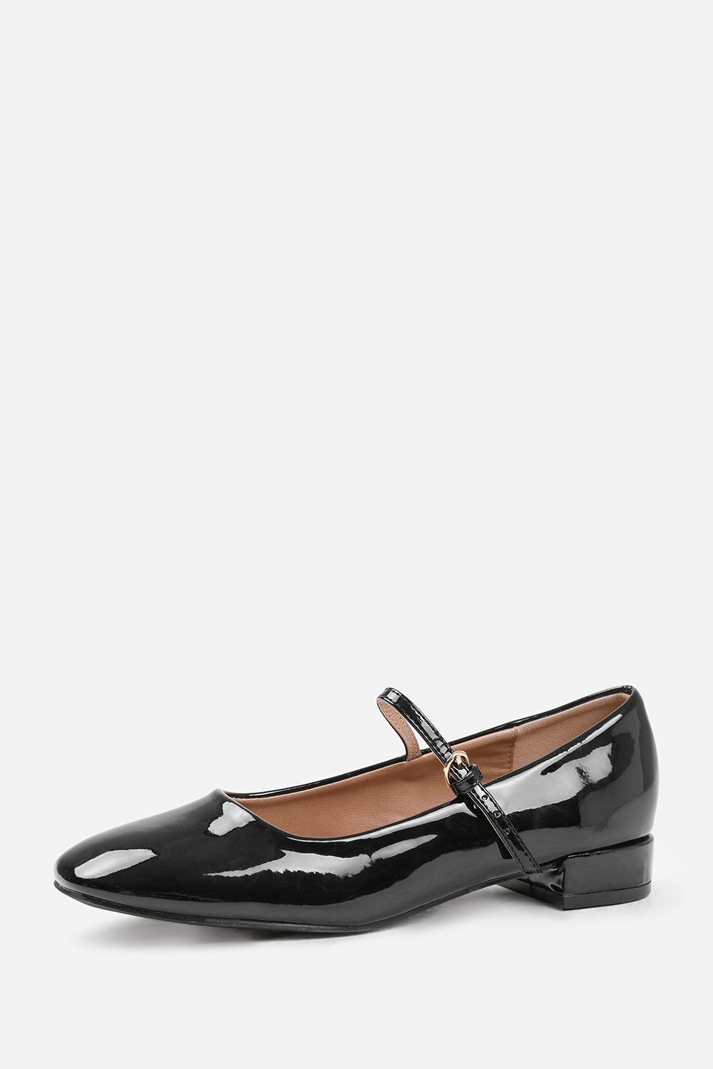 MINSK LOW HEEL WITH STRAP AND BUCKLE DETAIL IN BLACK PATENT