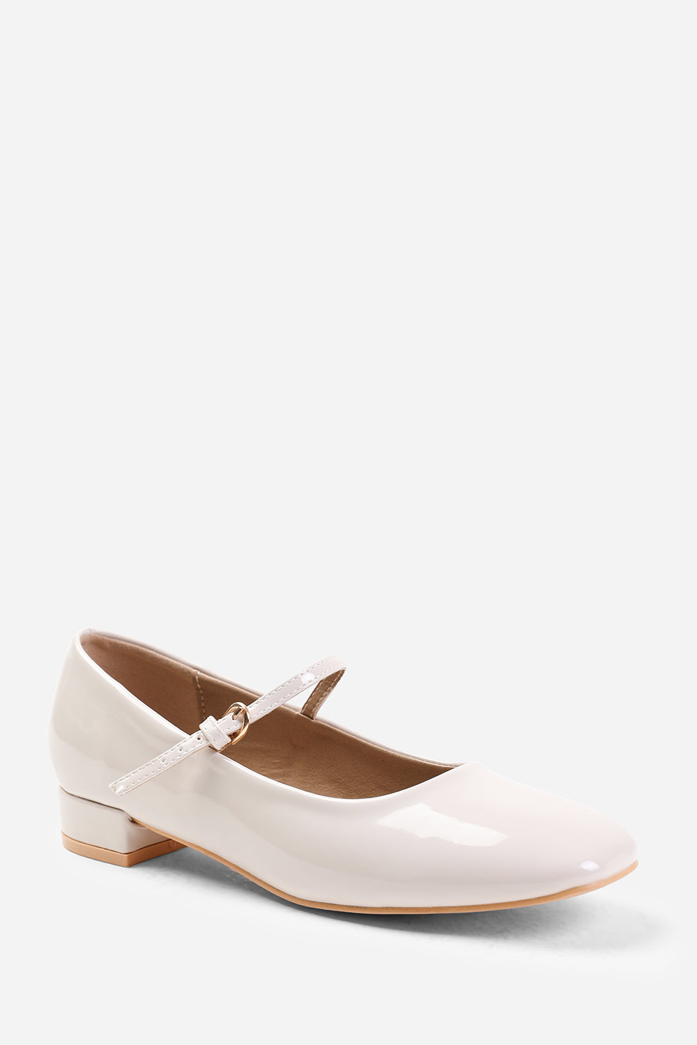 MINSK WIDE FIT LOW HEEL WITH STRAP AND BUCKLE DETAIL IN CREAM PATENT