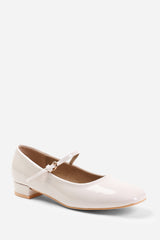 MINSK LOW HEEL WITH STRAP AND BUCKLE DETAIL IN CREAM PATENT