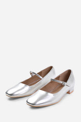 MINSK WIDE FIT LOW HEEL WITH STRAP AND BUCKLE DETAIL IN SILVER FAUX LEATHER