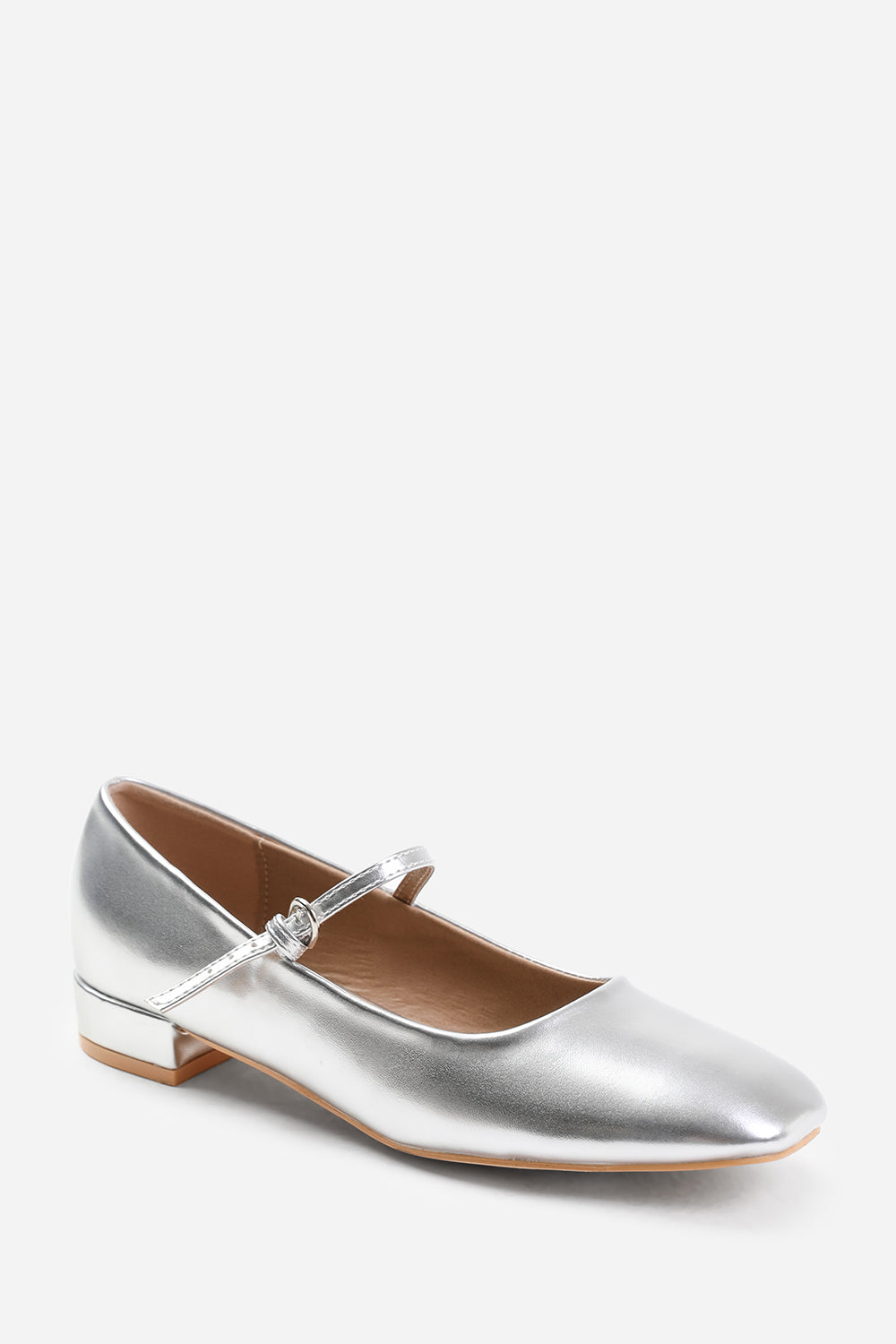 MINSK WIDE FIT LOW HEEL WITH STRAP AND BUCKLE DETAIL IN SILVER FAUX LEATHER