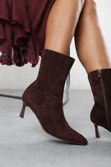 Nyla Dark Brown Suede Pointed Toe Ankle Low Heel Boot