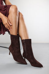 Nyla Dark Brown Suede Pointed Toe Ankle Low Heel Boot