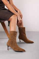 Nyla Khaki Suede Pointed Toe Ankle Low Heel Boot