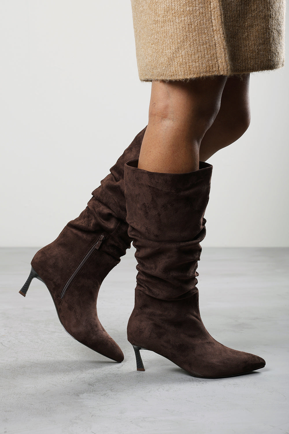 Kivora Ruched Knee High Pointed Stiletto Boot