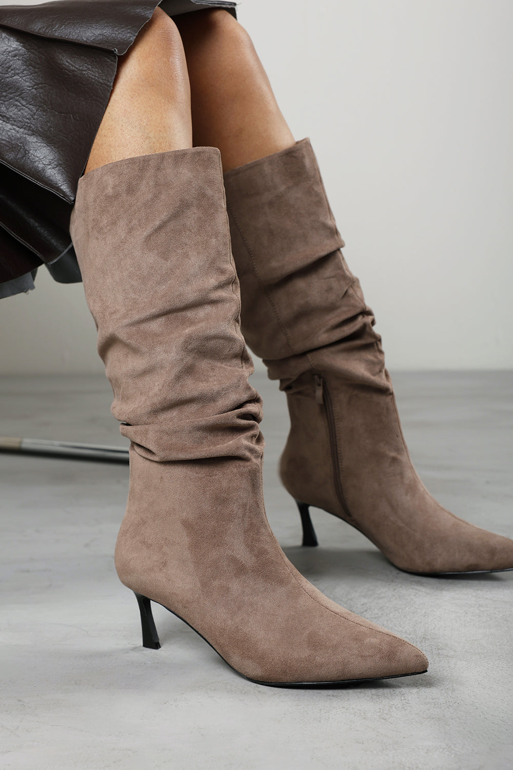 Kivora Ruched Knee High Pointed Stiletto Boot