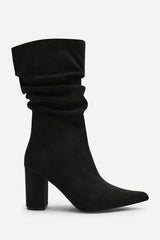Lilyana Ruched Heeled Calf Boot In Black Suede
