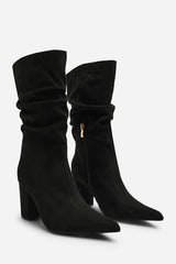 Lilyana Ruched Heeled Calf Boot In Black Suede