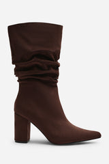 Lilyana Ruched Heeled Calf Boot In Brown Suede
