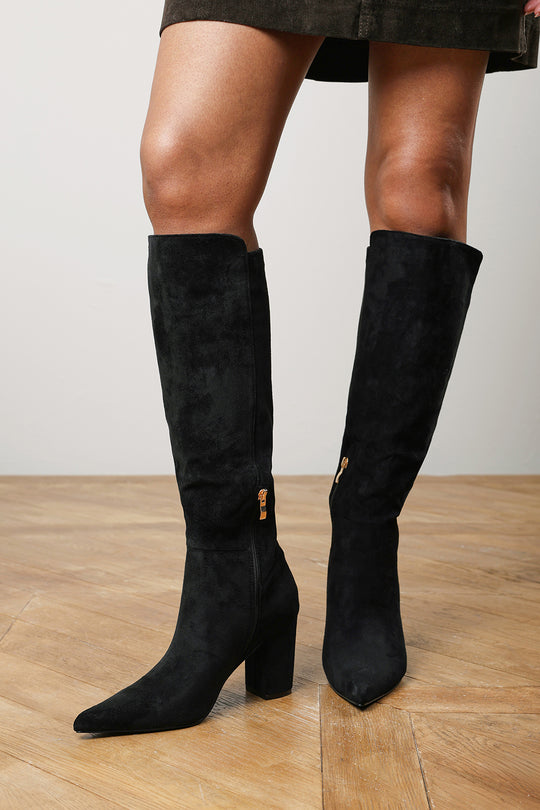 Georgina Stretch Suede Knee High Pointed Boots In Black