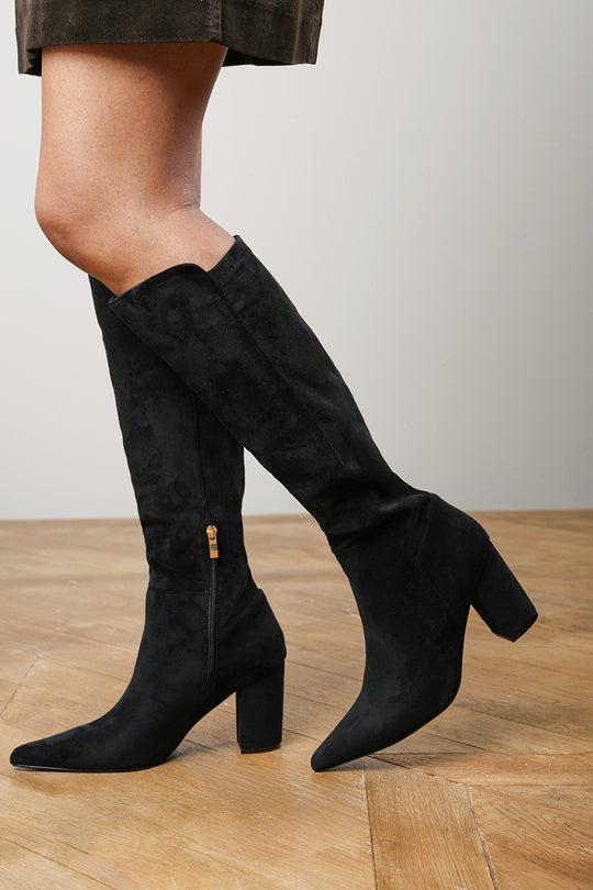 Georgina Wide Fit Stretch Suede Knee High Pointed Boots In Black