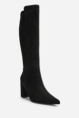 Georgina Wide Fit Stretch Suede Knee High Pointed Boots In Black