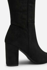 Georgina Wide Fit Stretch Suede Knee High Pointed Boots In Black