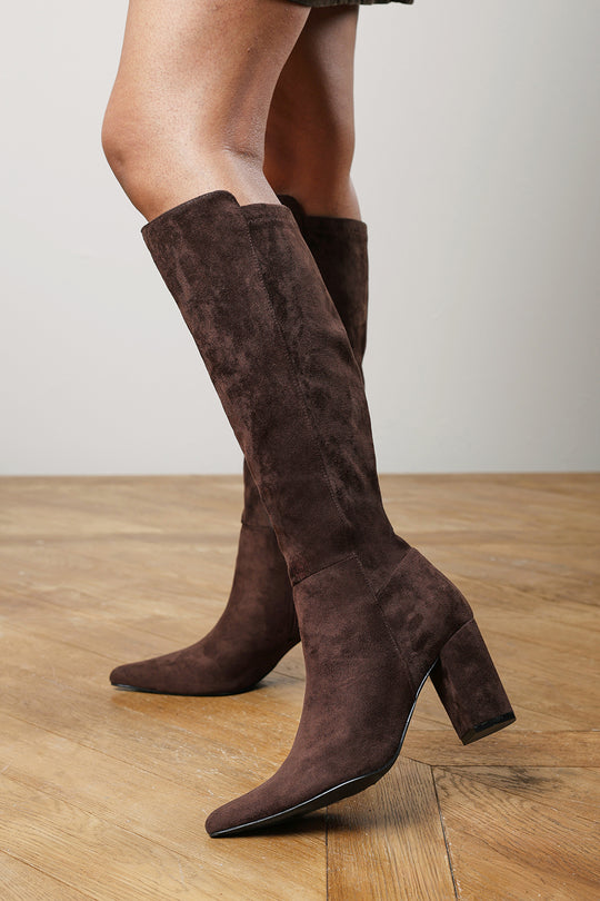 Georgina Stretch Suede Knee High Pointed Boots In Dark Brown