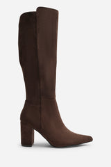 Georgina Stretch Suede Knee High Pointed Boots In Dark Brown