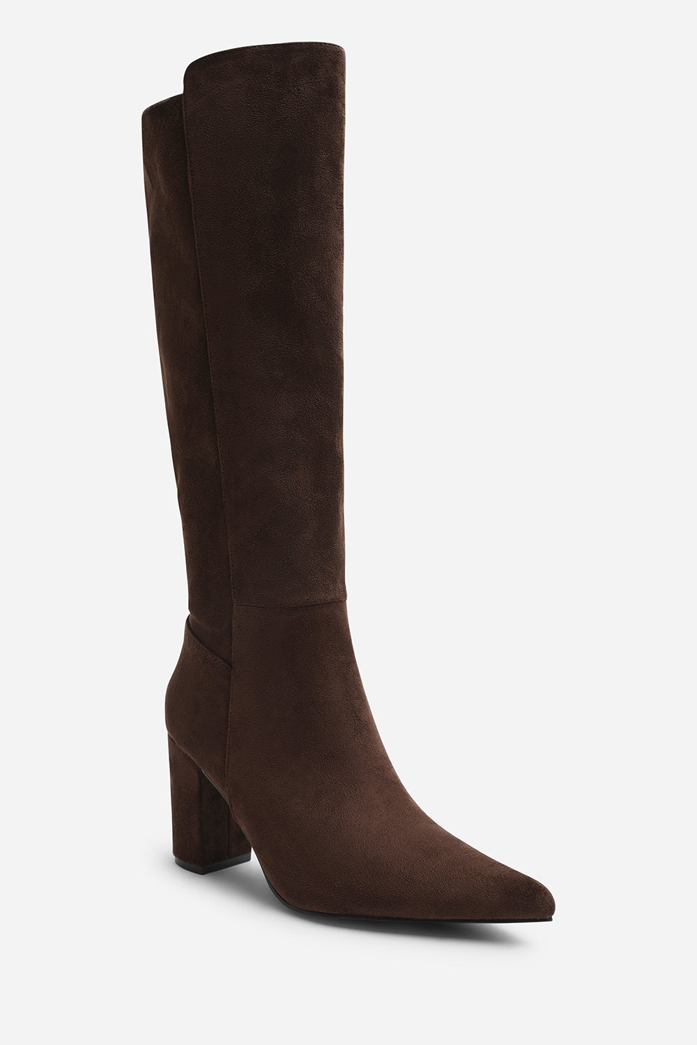 Georgina Stretch Suede Knee High Pointed Boots In Dark Brown